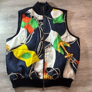 RALPH LAUREN Vintage Silk Nautical Flag Print Quilted Vest Knit Back Sz L